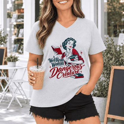 A Well Read Woman Is A Dangerous Creature Ultra-Soft V-Neck | Book Lover Gift Ash