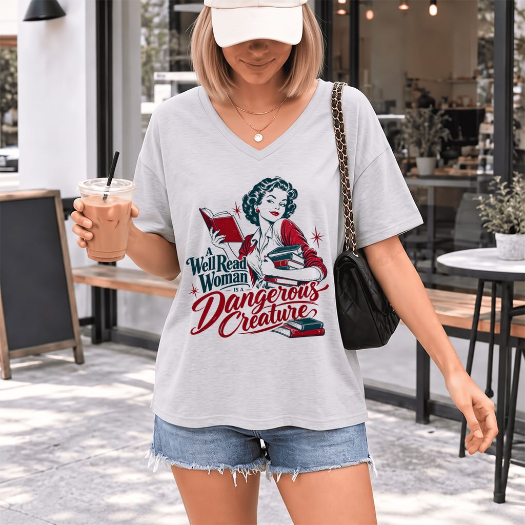 A Well Read Woman Is A Dangerous Creature Ultra-Soft V-Neck | Book Lover Gift Ash