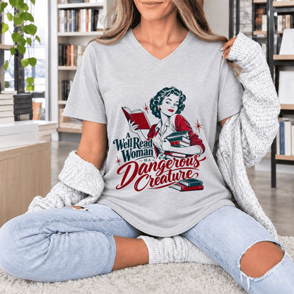 A Well Read Woman Is A Dangerous Creature Ultra-Soft V-Neck | Book Lover Gift Ash