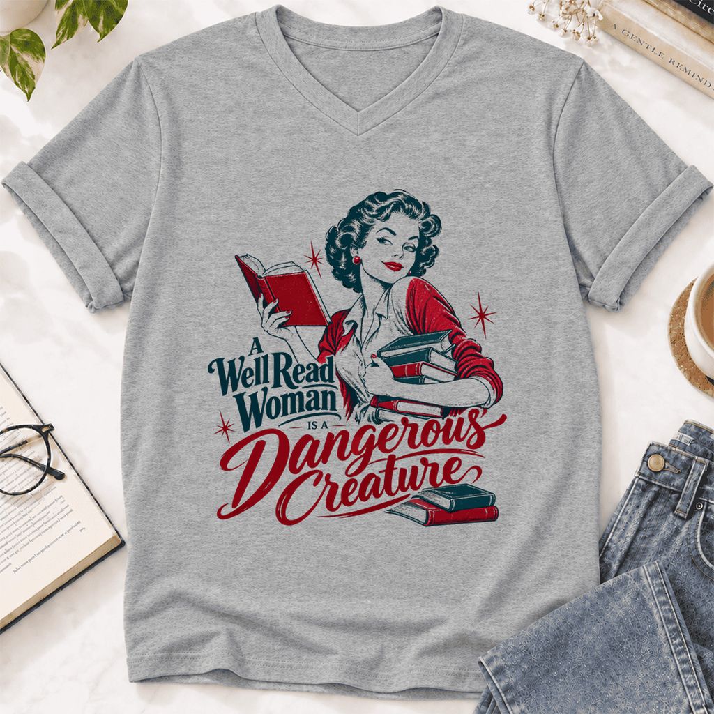 A Well Read Woman Is A Dangerous Creature Ultra-Soft V-Neck | Book Lover Gift Athletic Heather