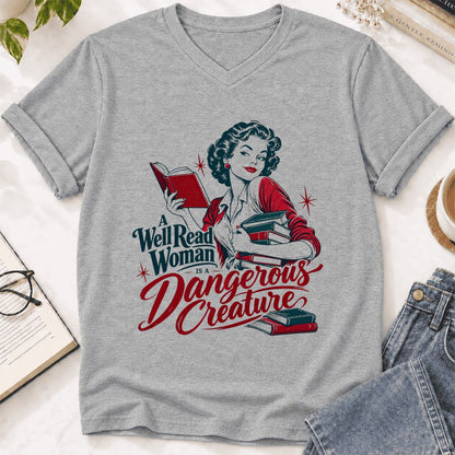 A Well Read Woman Is A Dangerous Creature Ultra-Soft V-Neck | Book Lover Gift Athletic Heather