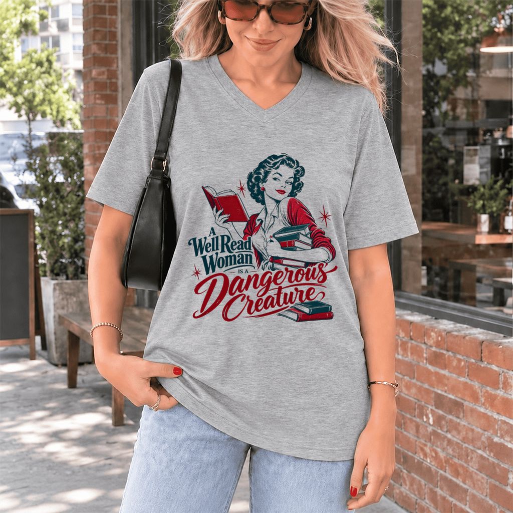 A Well Read Woman Is A Dangerous Creature Ultra-Soft V-Neck | Book Lover Gift Athletic Heather