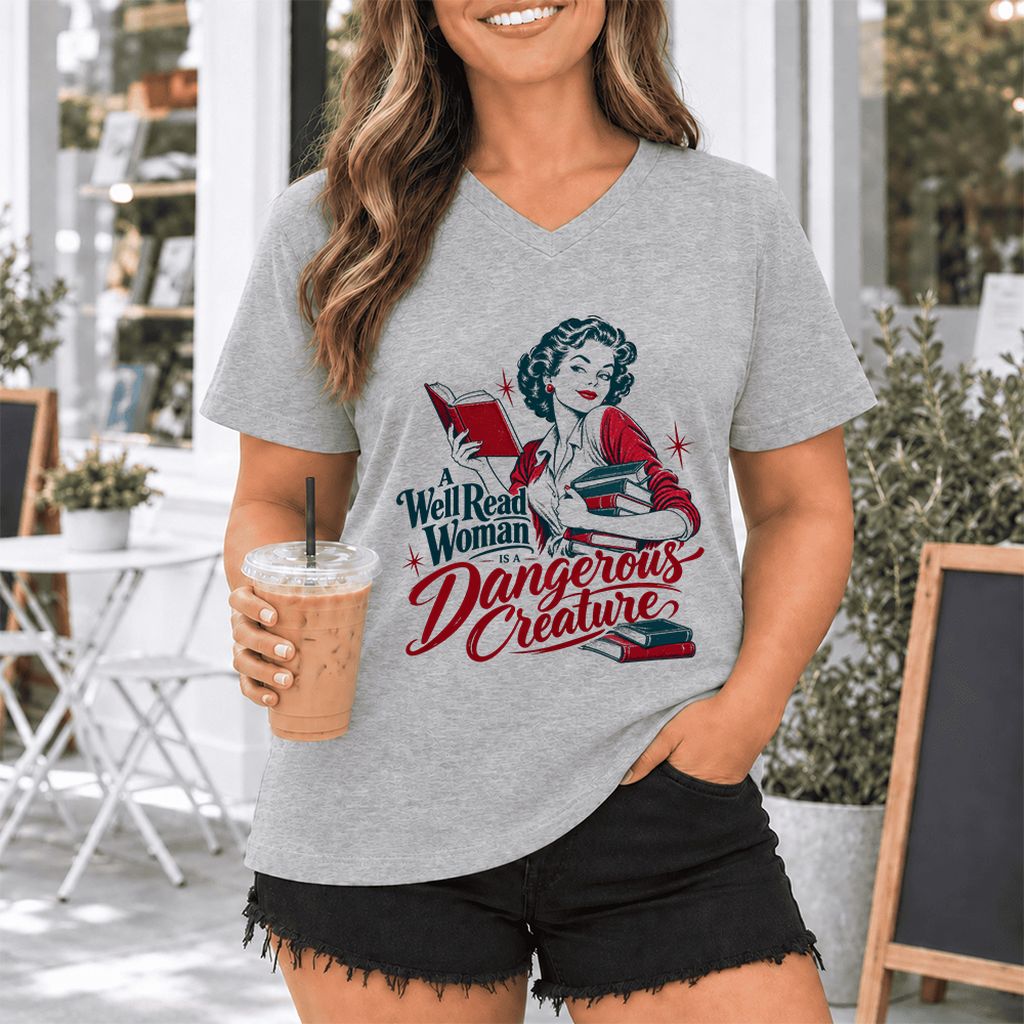 A Well Read Woman Is A Dangerous Creature Ultra-Soft V-Neck | Book Lover Gift Athletic Heather