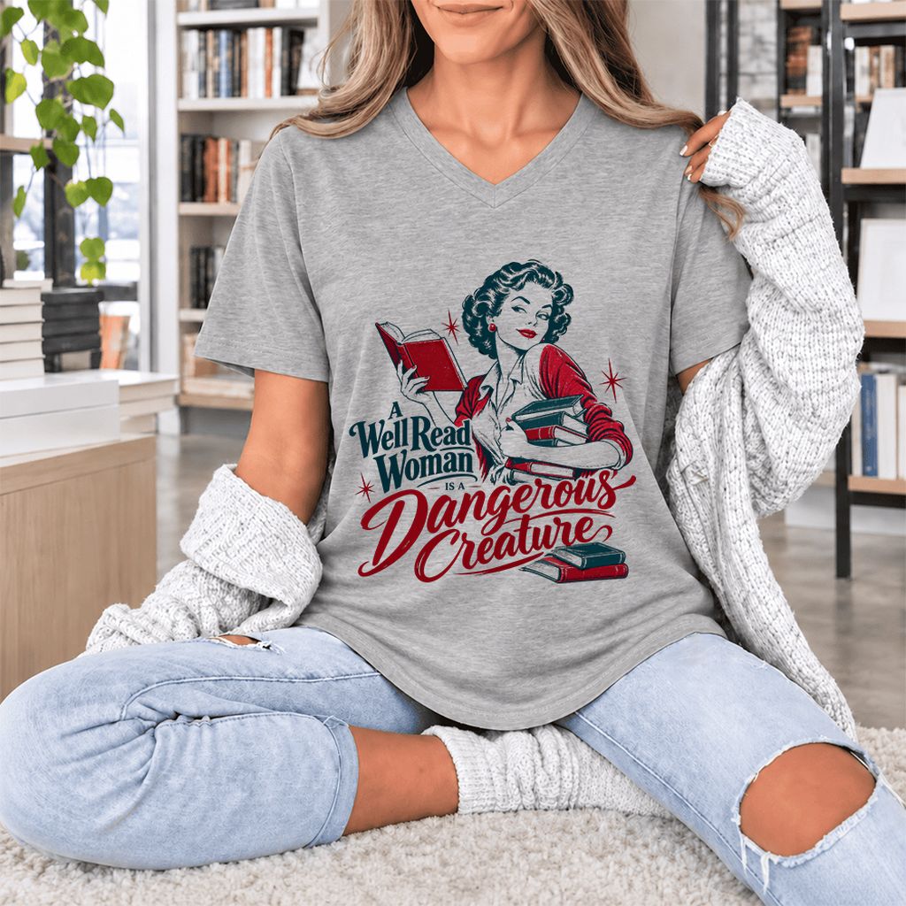 A Well Read Woman Is A Dangerous Creature Ultra-Soft V-Neck | Book Lover Gift Athletic Heather