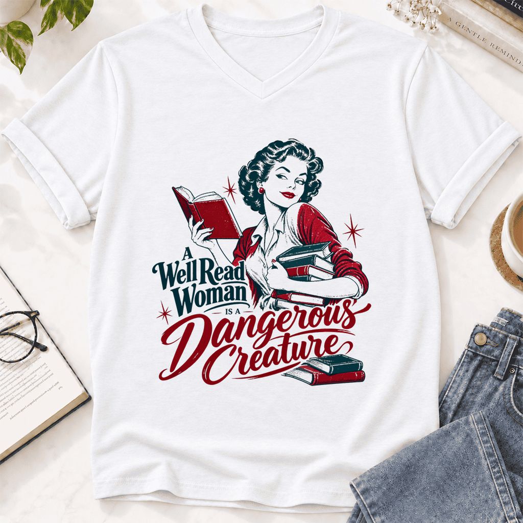 A Well Read Woman Is A Dangerous Creature Ultra-Soft V-Neck | Book Lover Gift White
