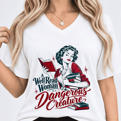 A Well Read Woman Is A Dangerous Creature Ultra-Soft V-Neck | Book Lover Gift White