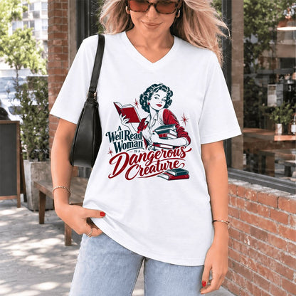 A Well Read Woman Is A Dangerous Creature Ultra-Soft V-Neck | Book Lover Gift White