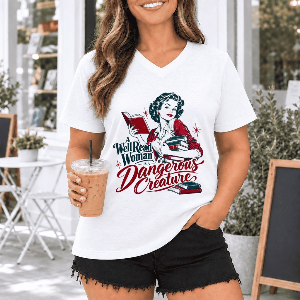 A Well Read Woman Is A Dangerous Creature Ultra-Soft V-Neck | Book Lover Gift White