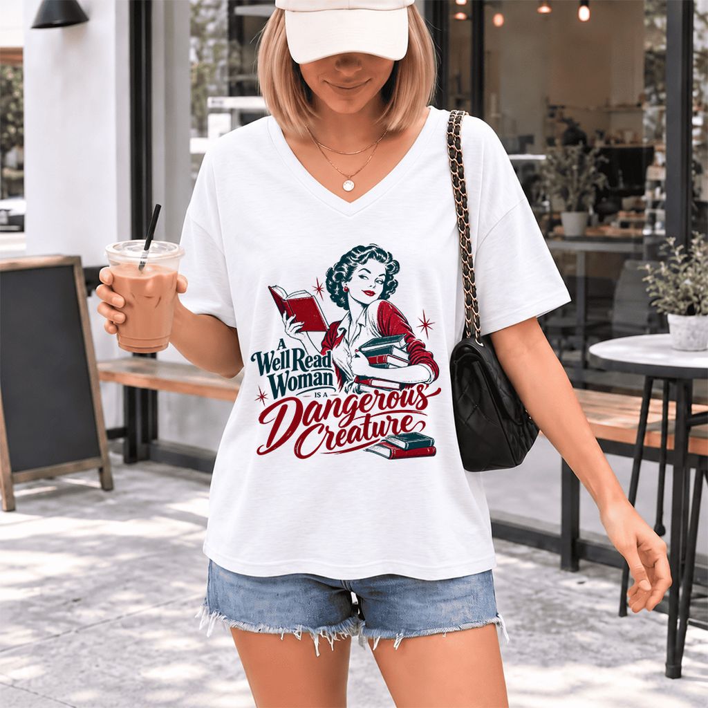 A Well Read Woman Is A Dangerous Creature Ultra-Soft V-Neck | Book Lover Gift White