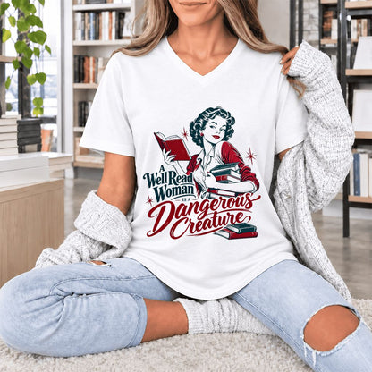 A Well Read Woman Is A Dangerous Creature Ultra-Soft V-Neck | Book Lover Gift White