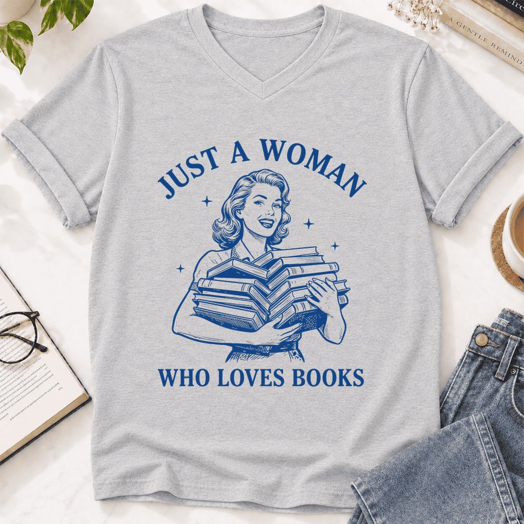 JUST A WOMAN WHO LOVES BOOKS Ultra-Soft V-Neck | Book Lover Gift Ash