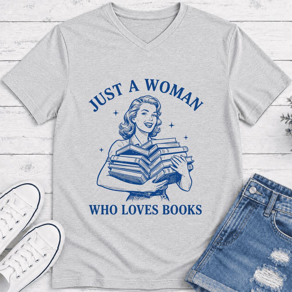 JUST A WOMAN WHO LOVES BOOKS Ultra-Soft V-Neck | Book Lover Gift Ash