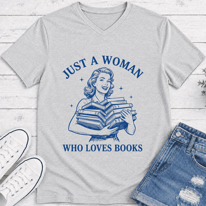 JUST A WOMAN WHO LOVES BOOKS Ultra-Soft V-Neck | Book Lover Gift Ash