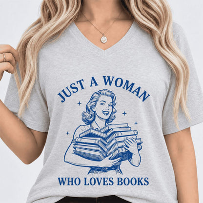 JUST A WOMAN WHO LOVES BOOKS Ultra-Soft V-Neck | Book Lover Gift Ash