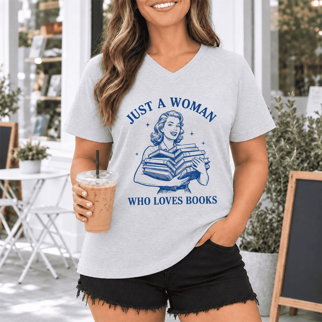 JUST A WOMAN WHO LOVES BOOKS Ultra-Soft V-Neck | Book Lover Gift Ash