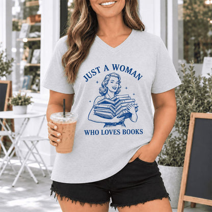 JUST A WOMAN WHO LOVES BOOKS Ultra-Soft V-Neck | Book Lover Gift Ash