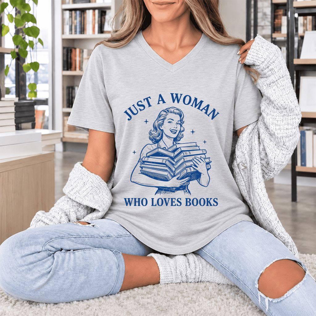 JUST A WOMAN WHO LOVES BOOKS Ultra-Soft V-Neck | Book Lover Gift Ash