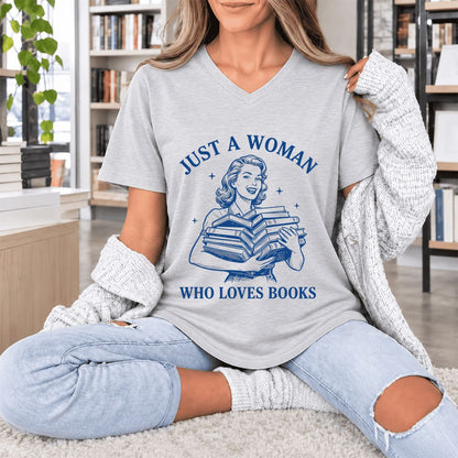 JUST A WOMAN WHO LOVES BOOKS Ultra-Soft V-Neck | Book Lover Gift Ash
