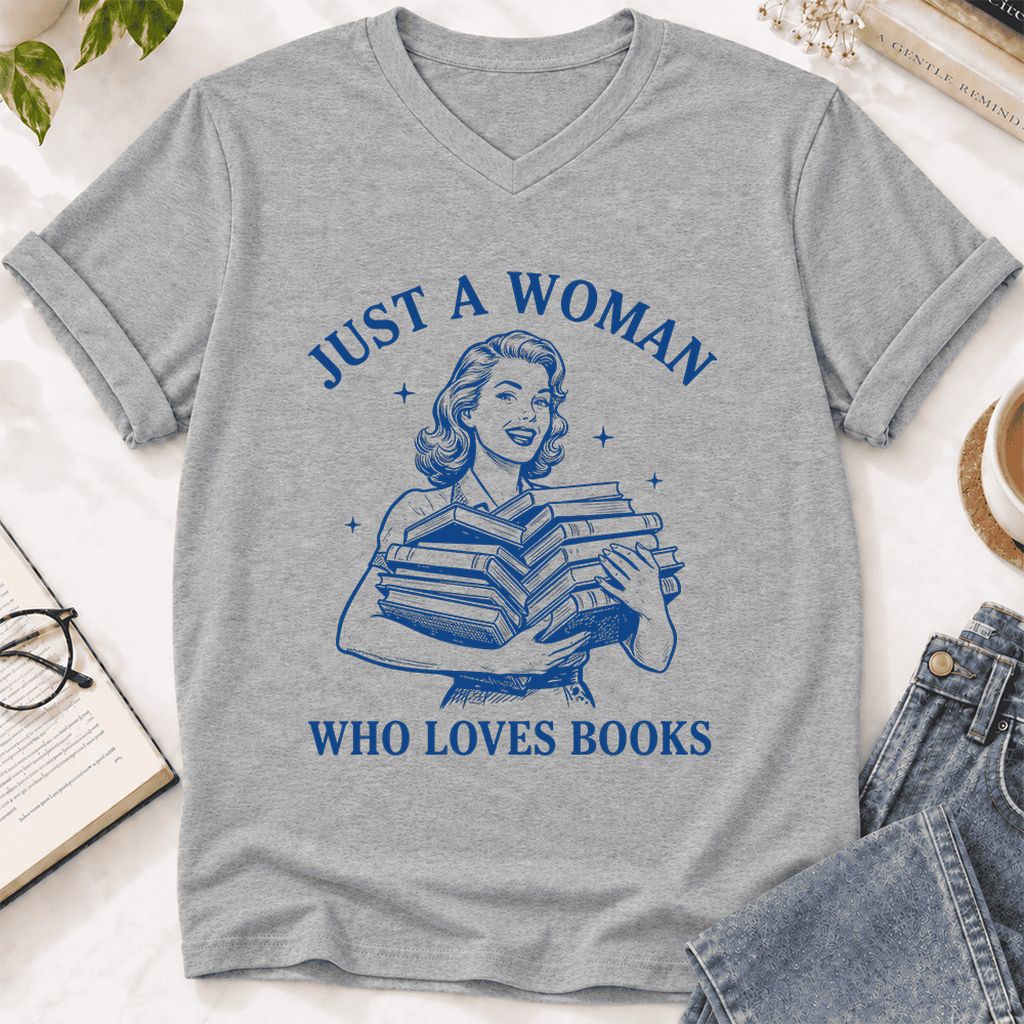 JUST A WOMAN WHO LOVES BOOKS Ultra-Soft V-Neck | Book Lover Gift Athletic Heather