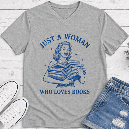 JUST A WOMAN WHO LOVES BOOKS Ultra-Soft V-Neck | Book Lover Gift Athletic Heather