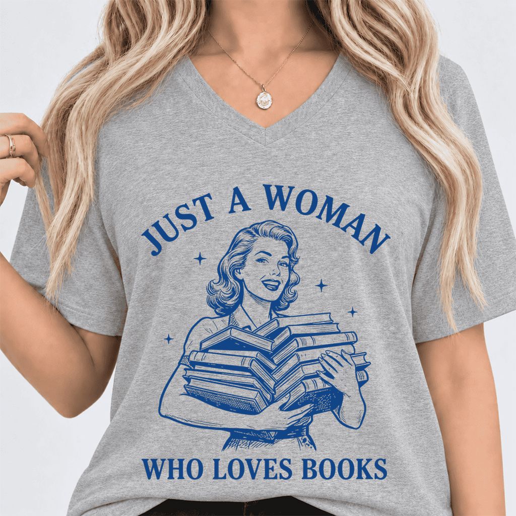 JUST A WOMAN WHO LOVES BOOKS Ultra-Soft V-Neck | Book Lover Gift Athletic Heather