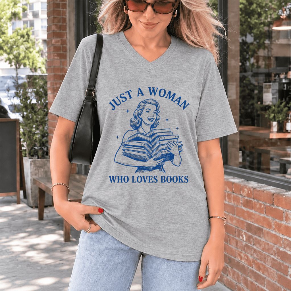 JUST A WOMAN WHO LOVES BOOKS Ultra-Soft V-Neck | Book Lover Gift Athletic Heather
