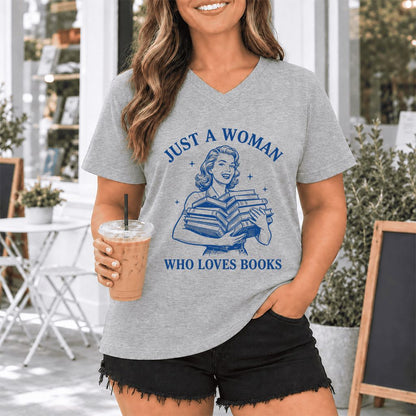 JUST A WOMAN WHO LOVES BOOKS Ultra-Soft V-Neck | Book Lover Gift Athletic Heather
