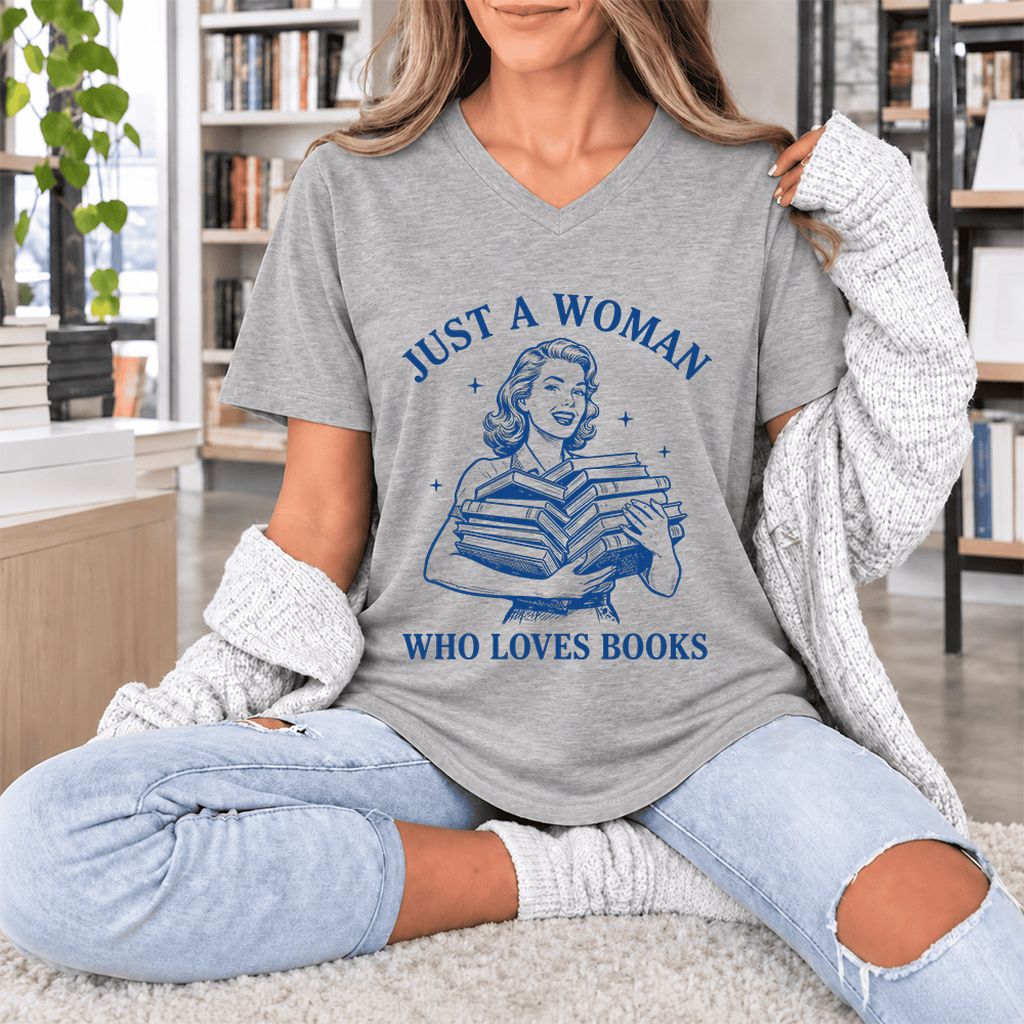 JUST A WOMAN WHO LOVES BOOKS Ultra-Soft V-Neck | Book Lover Gift Athletic Heather