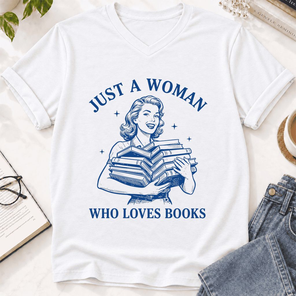 JUST A WOMAN WHO LOVES BOOKS Ultra-Soft V-Neck | Book Lover Gift White