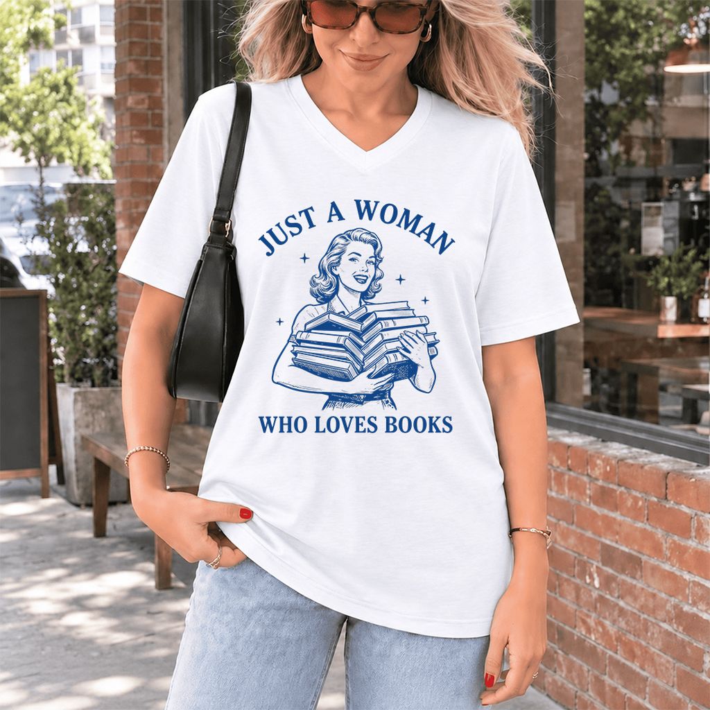 JUST A WOMAN WHO LOVES BOOKS Ultra-Soft V-Neck | Book Lover Gift White