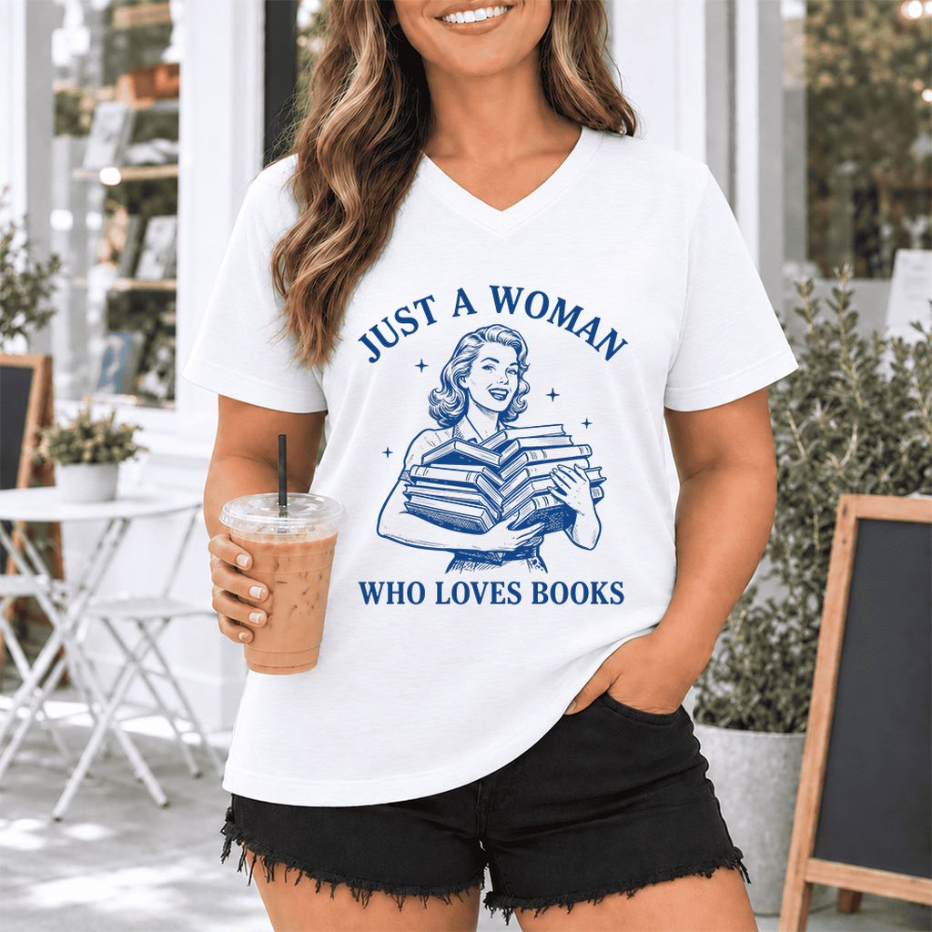 JUST A WOMAN WHO LOVES BOOKS Ultra-Soft V-Neck | Book Lover Gift White