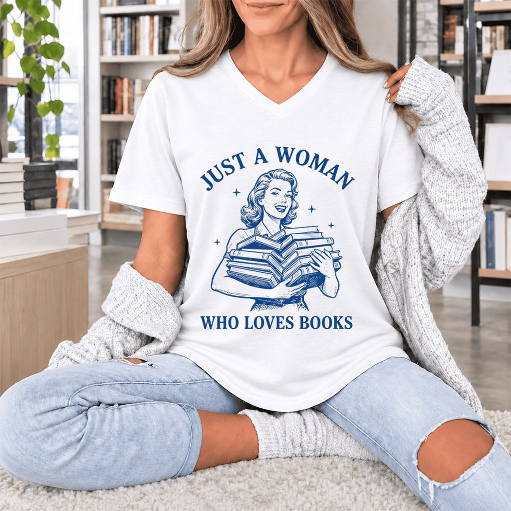 JUST A WOMAN WHO LOVES BOOKS Ultra-Soft V-Neck | Book Lover Gift White