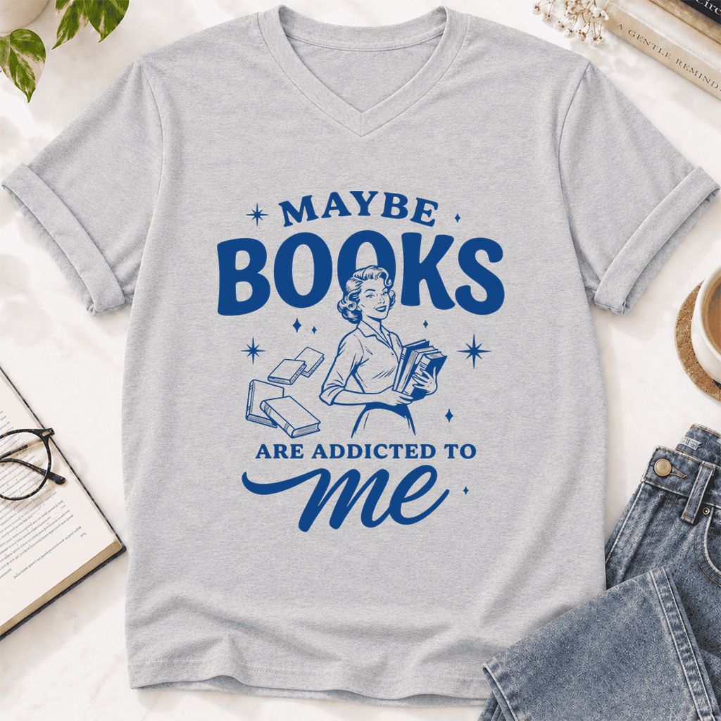 MAYBE BOOKS ARE ADDICTED TO ME Ultra-Soft V-Neck | Funny Book Lover Gift Ash