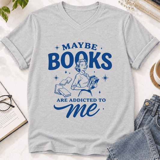 MAYBE BOOKS ARE ADDICTED TO ME Ultra-Soft V-Neck | Funny Book Lover Gift Ash