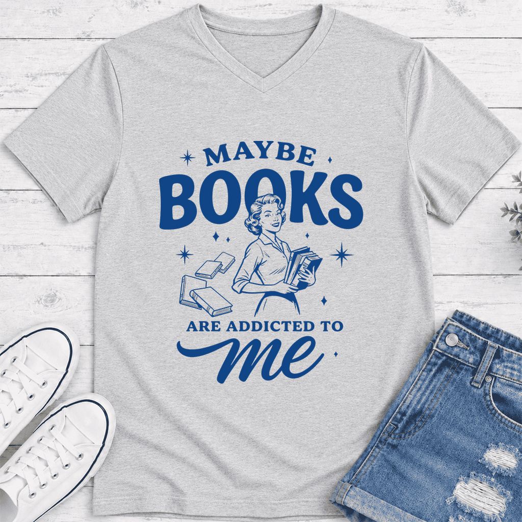 MAYBE BOOKS ARE ADDICTED TO ME Ultra-Soft V-Neck | Funny Book Lover Gift Ash