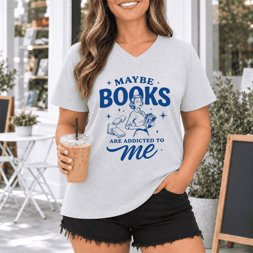 MAYBE BOOKS ARE ADDICTED TO ME Ultra-Soft V-Neck | Funny Book Lover Gift Ash