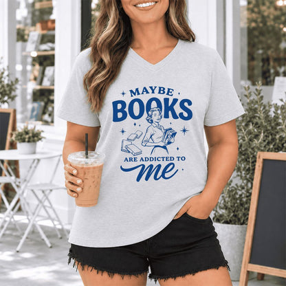 MAYBE BOOKS ARE ADDICTED TO ME Ultra-Soft V-Neck | Funny Book Lover Gift Ash