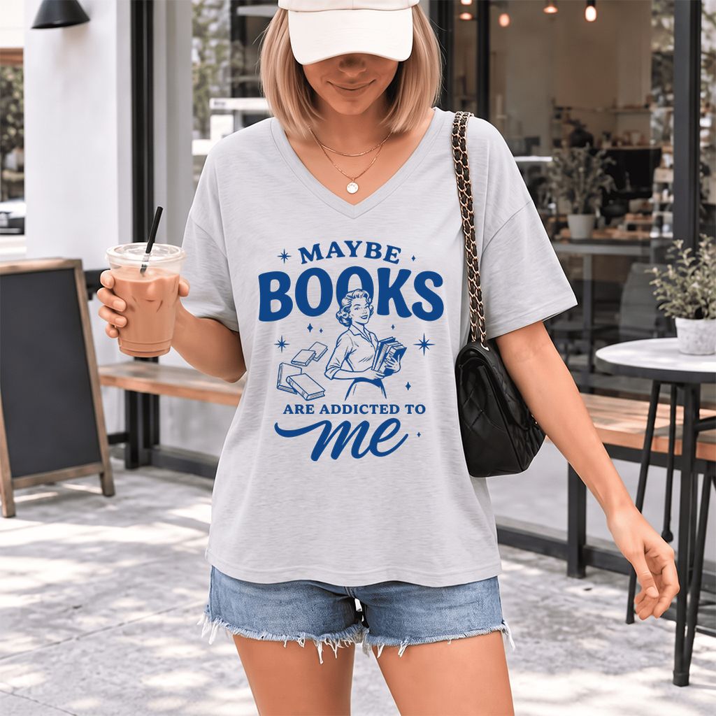 MAYBE BOOKS ARE ADDICTED TO ME Ultra-Soft V-Neck | Funny Book Lover Gift Ash