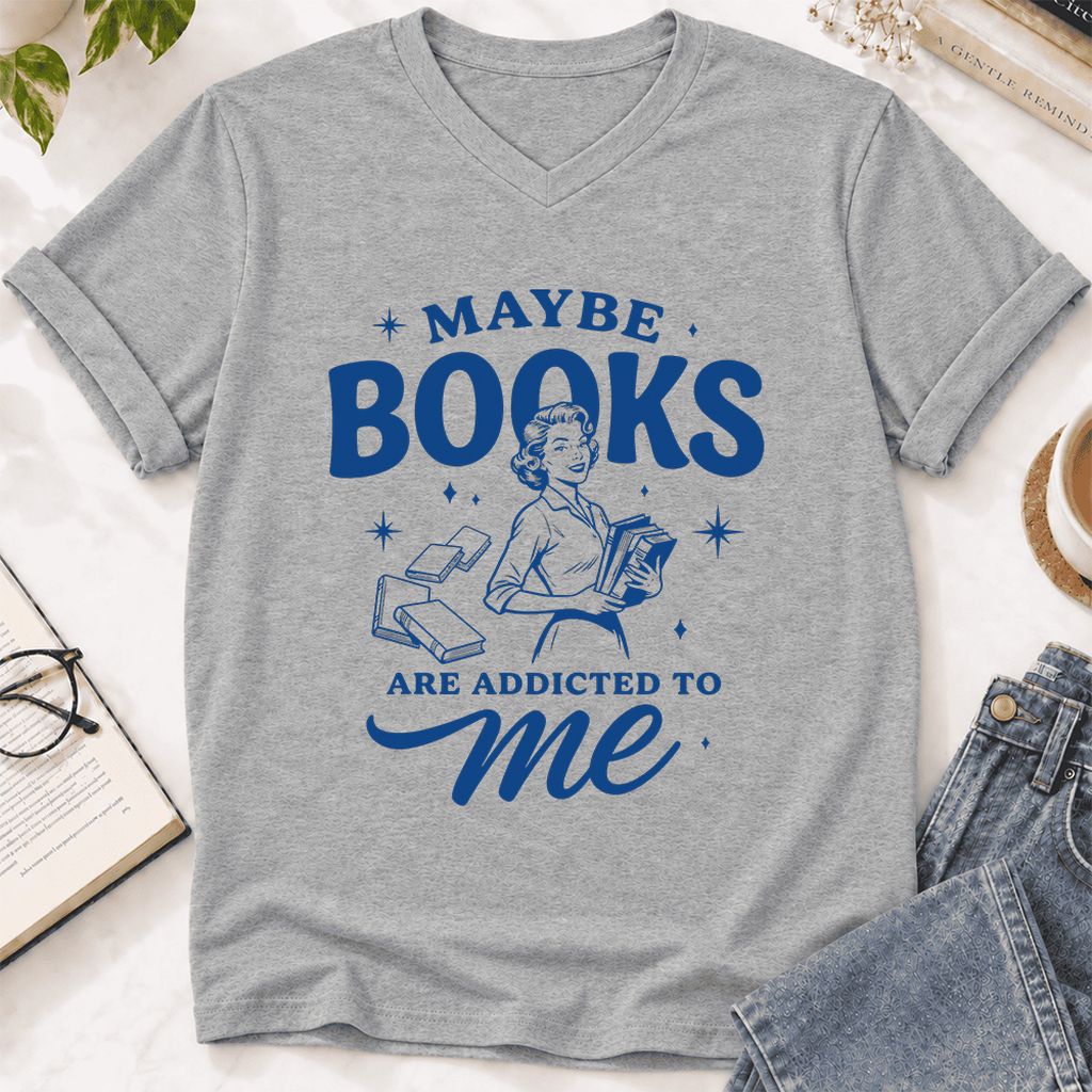 MAYBE BOOKS ARE ADDICTED TO ME Ultra-Soft V-Neck | Funny Book Lover Gift Athletic Heather