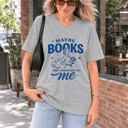 MAYBE BOOKS ARE ADDICTED TO ME Ultra-Soft V-Neck | Funny Book Lover Gift Athletic Heather