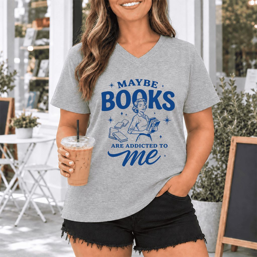 MAYBE BOOKS ARE ADDICTED TO ME Ultra-Soft V-Neck | Funny Book Lover Gift Athletic Heather