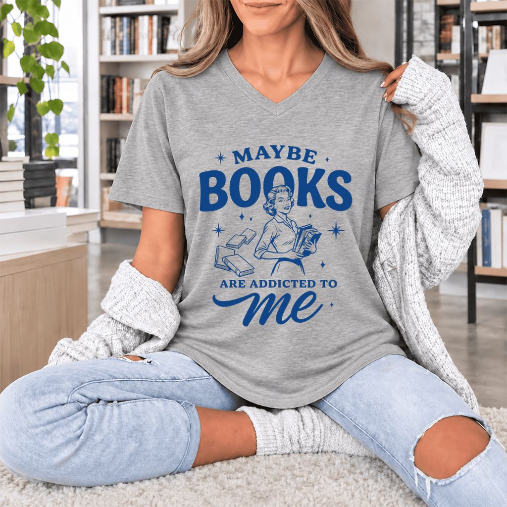 MAYBE BOOKS ARE ADDICTED TO ME Ultra-Soft V-Neck | Funny Book Lover Gift Athletic Heather