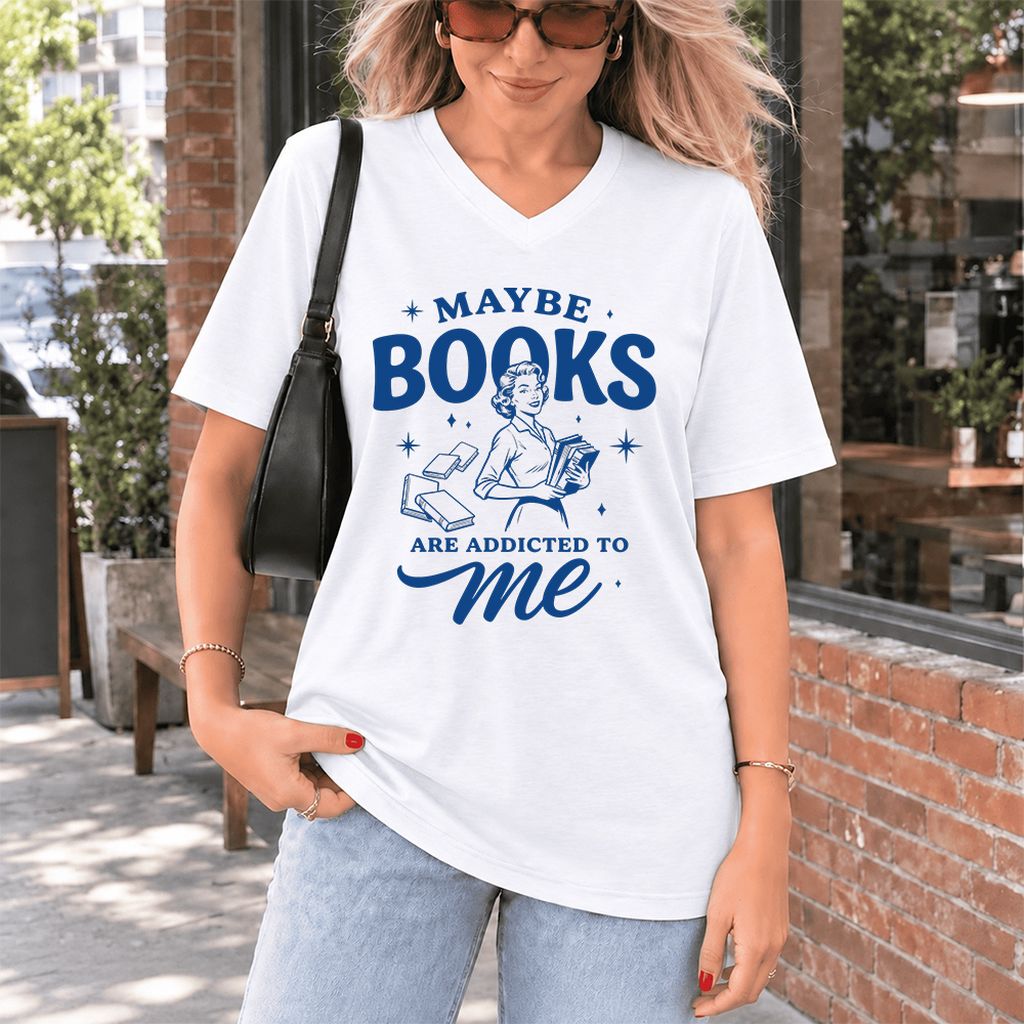 MAYBE BOOKS ARE ADDICTED TO ME Ultra-Soft V-Neck | Funny Book Lover Gift White