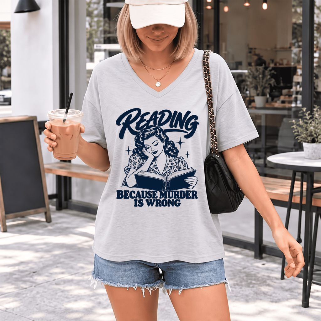 READING BECAUSE MURDER IS WRONG Ultra-Soft V-Neck | Funny Book Lover Gift Ash