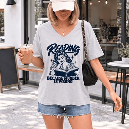 READING BECAUSE MURDER IS WRONG Ultra-Soft V-Neck | Funny Book Lover Gift Ash