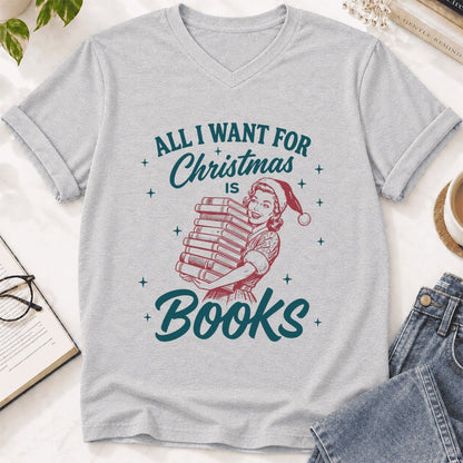 All I Want For Christmas Is Books Ultra-Soft V-Neck | Christmas Reader Gift Ash