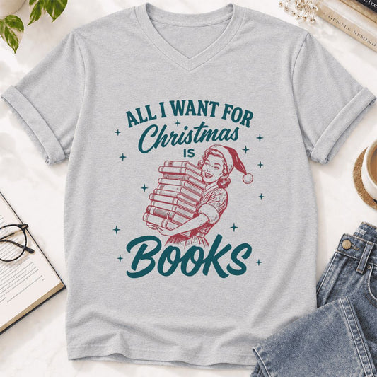 All I Want For Christmas Is Books Ultra-Soft V-Neck | Christmas Reader Gift Ash