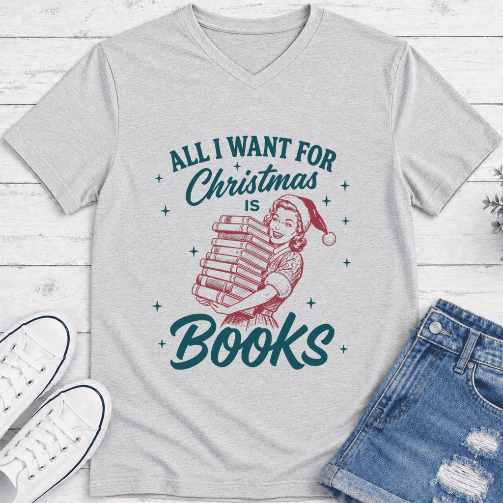 All I Want For Christmas Is Books Ultra-Soft V-Neck | Christmas Reader Gift Ash