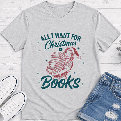 All I Want For Christmas Is Books Ultra-Soft V-Neck | Christmas Reader Gift Ash