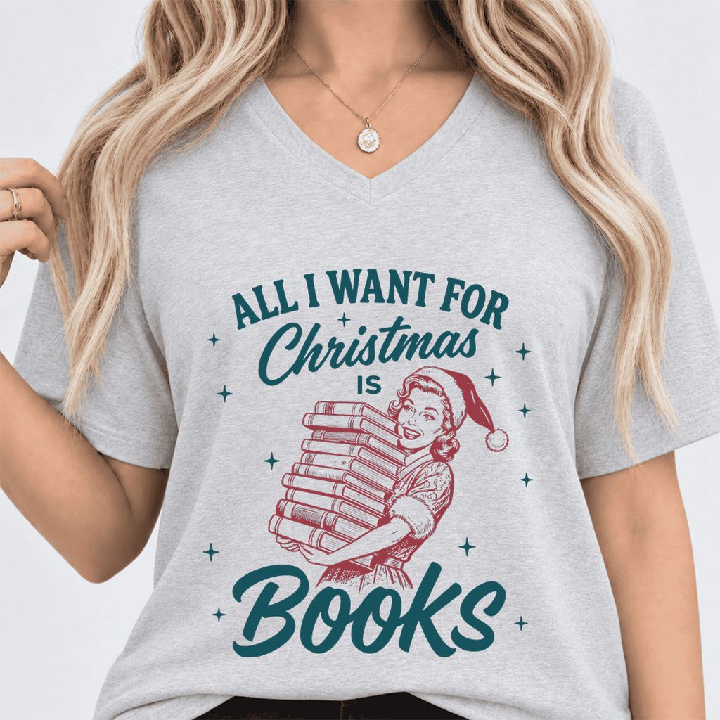 All I Want For Christmas Is Books Ultra-Soft V-Neck | Christmas Reader Gift Ash